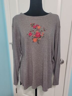 Gray Knit Sweater with Pink & Orange Floral Embroidery